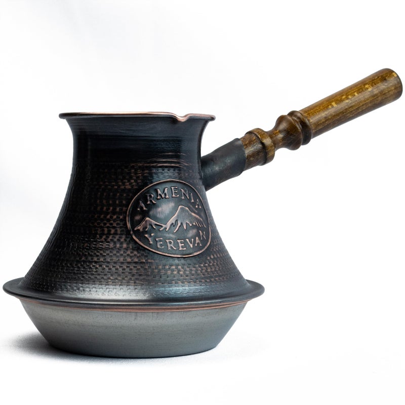 HandCraftoria Handmade Armenian Coffee Pot Maker 27 Fl Oz (800ml) Induction Copper Jazva Ararat Turkish Arabic Greek Cezve Jezve Ibrik Turka Jazve Wooden Handle - Image 1
